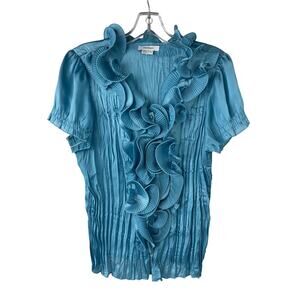 Vintage 90s Y2Kruffled satin blouse women's cerulean blue large